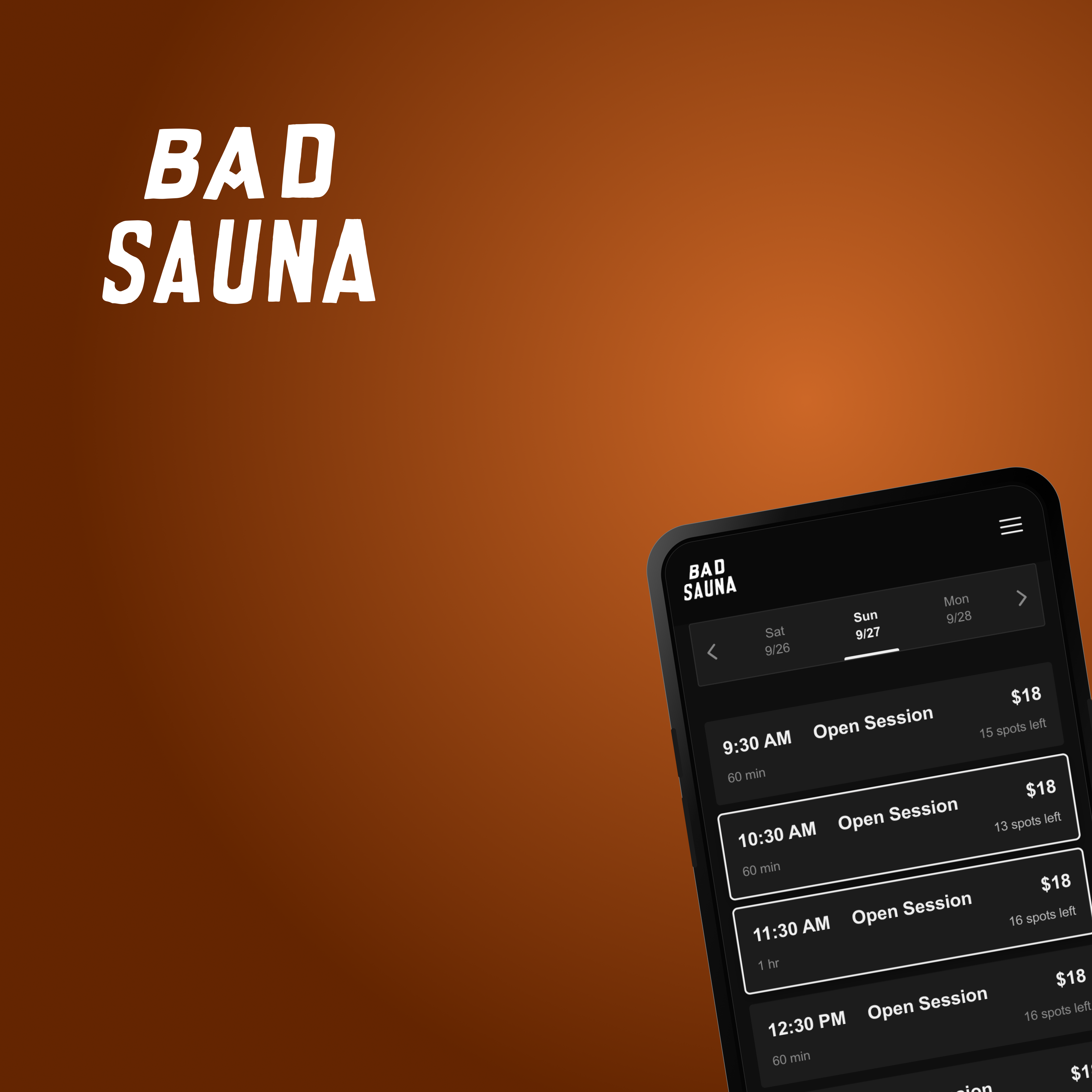 Bad Sauna logo with a mobile sauna booking screen on an orange background